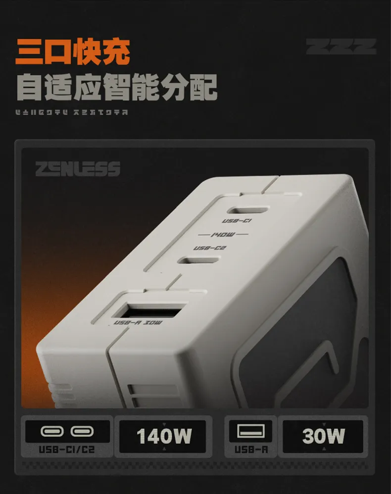 Zenless Zone Zero 140W GaN Three-Port Fast Charging Adapter | Zenlesszonezero.toys